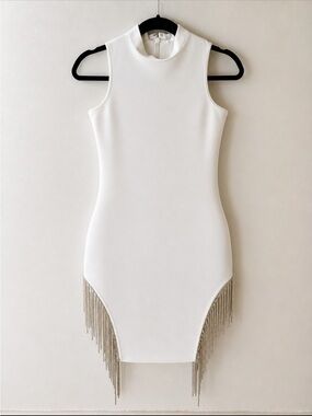 White Rhinestone Fringe Bodycon Cocktail Dress, Size Large